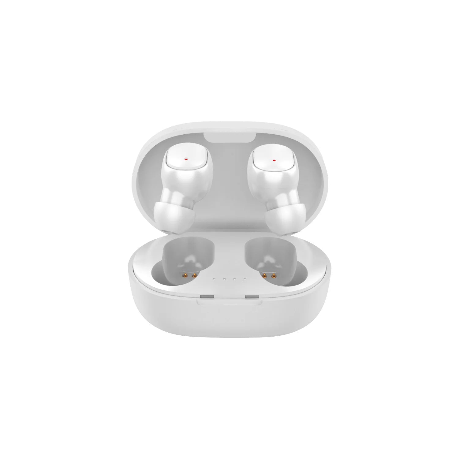 White wireless earbuds in a matching open charging case with small indicator lights.