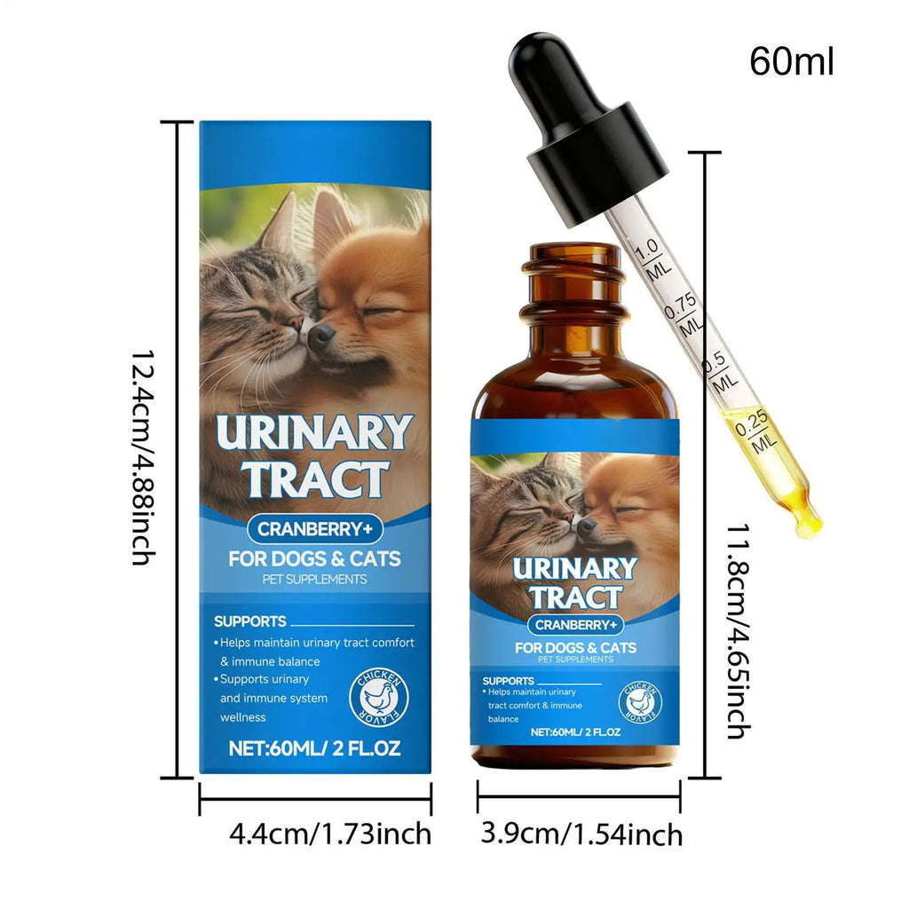 60ml cranberry urinary tract supplement for dogs and cats in a brown dropper bottle with blue branded packaging.