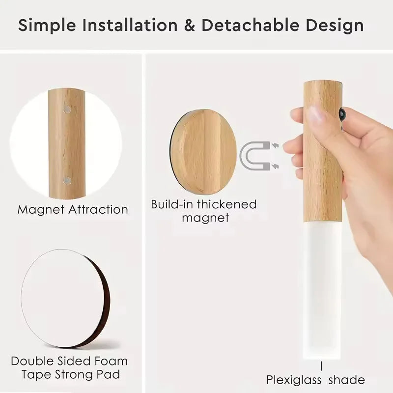 Detachable light with wood-grain base, frosted shade, and magnetic wall-mount system for easy installation.