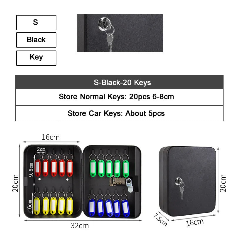 Small black metal key cabinet with key lock, featuring 20 labeled key hooks and dimensions of 20x16x7.5cm.