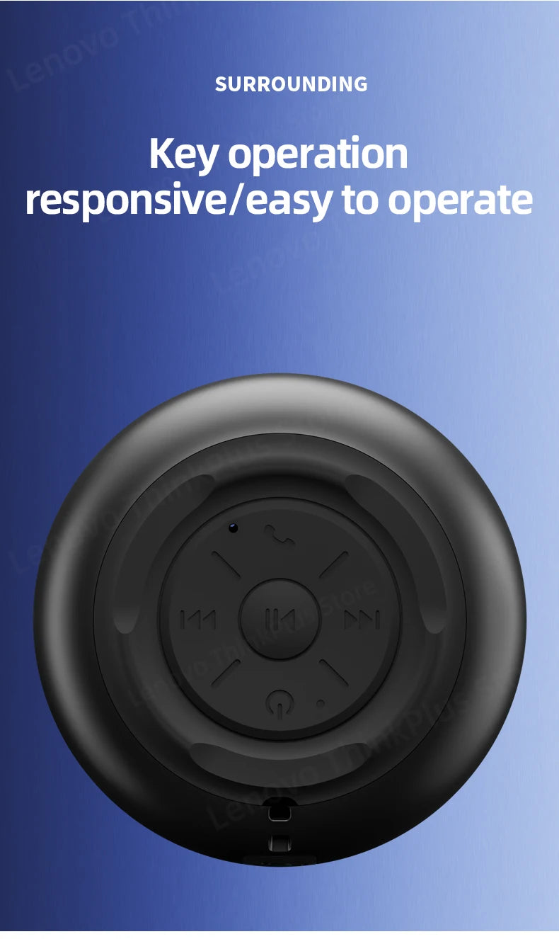 Top-down view of a round, black portable wireless speaker featuring tactile control buttons for easy operation.
