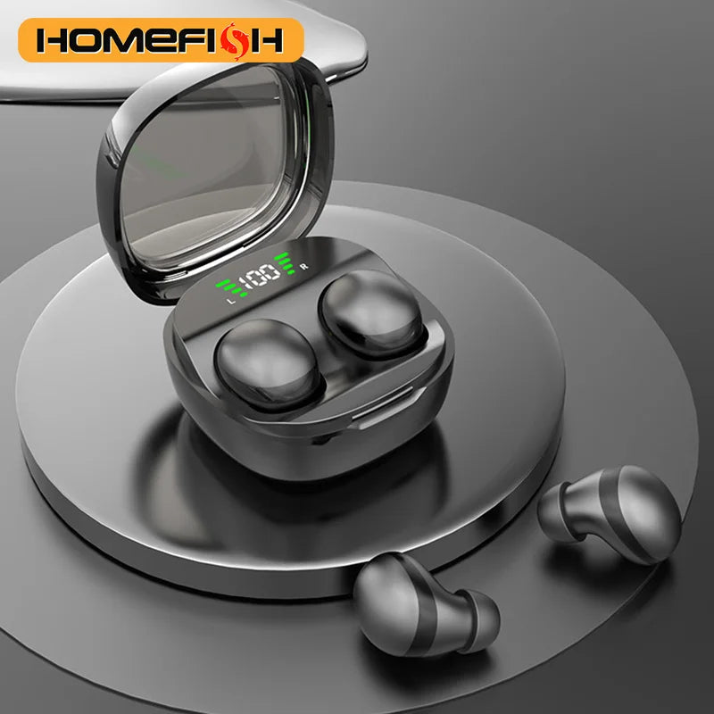 Black wireless earbuds in a charging case with a digital battery display, set on a circular dark base.