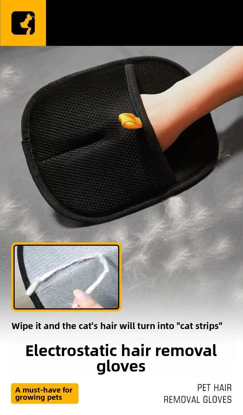 Black electrostatic pet hair removal glove showing a hand inserting into the mesh mitt to collect fur.