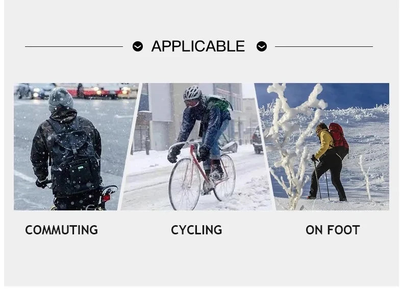 Three photos showing people in snowy conditions commuting, cycling, and hiking while wearing outdoor winter clothing.