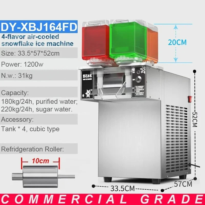 Stainless steel commercial snowflake ice machine with two vibrant liquid flavour tanks and clear dimension labels.