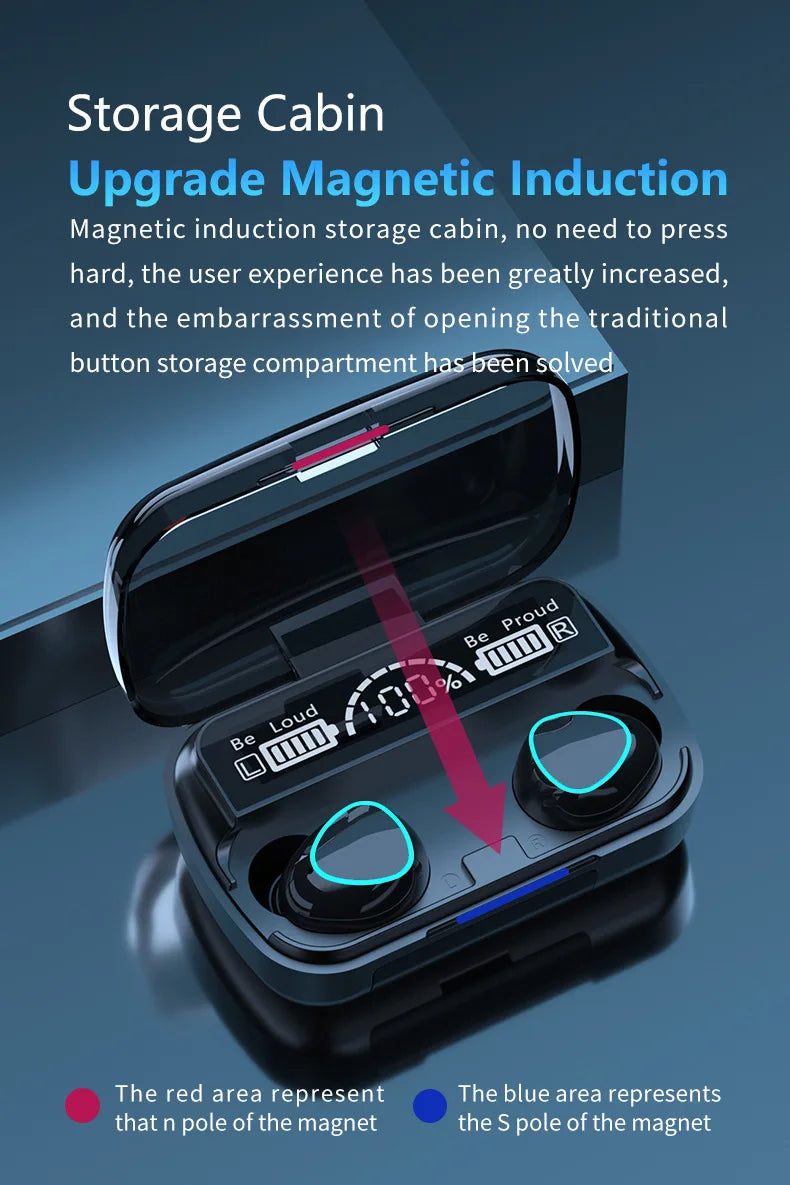 Black wireless earbuds in a magnetic charging case with a digital battery display.