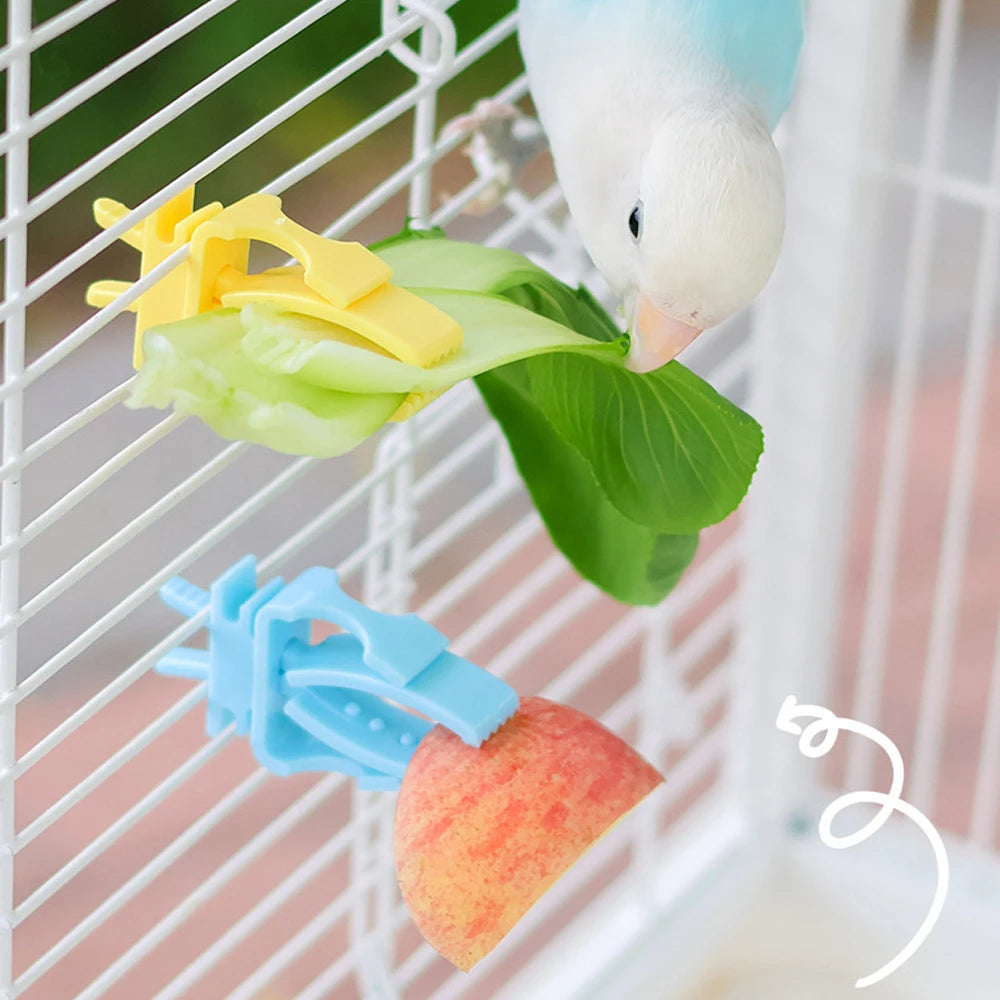 Yellow and blue plastic food clips attached to a white bird cage, holding pieces of fresh green leafy vegetable and fruit.