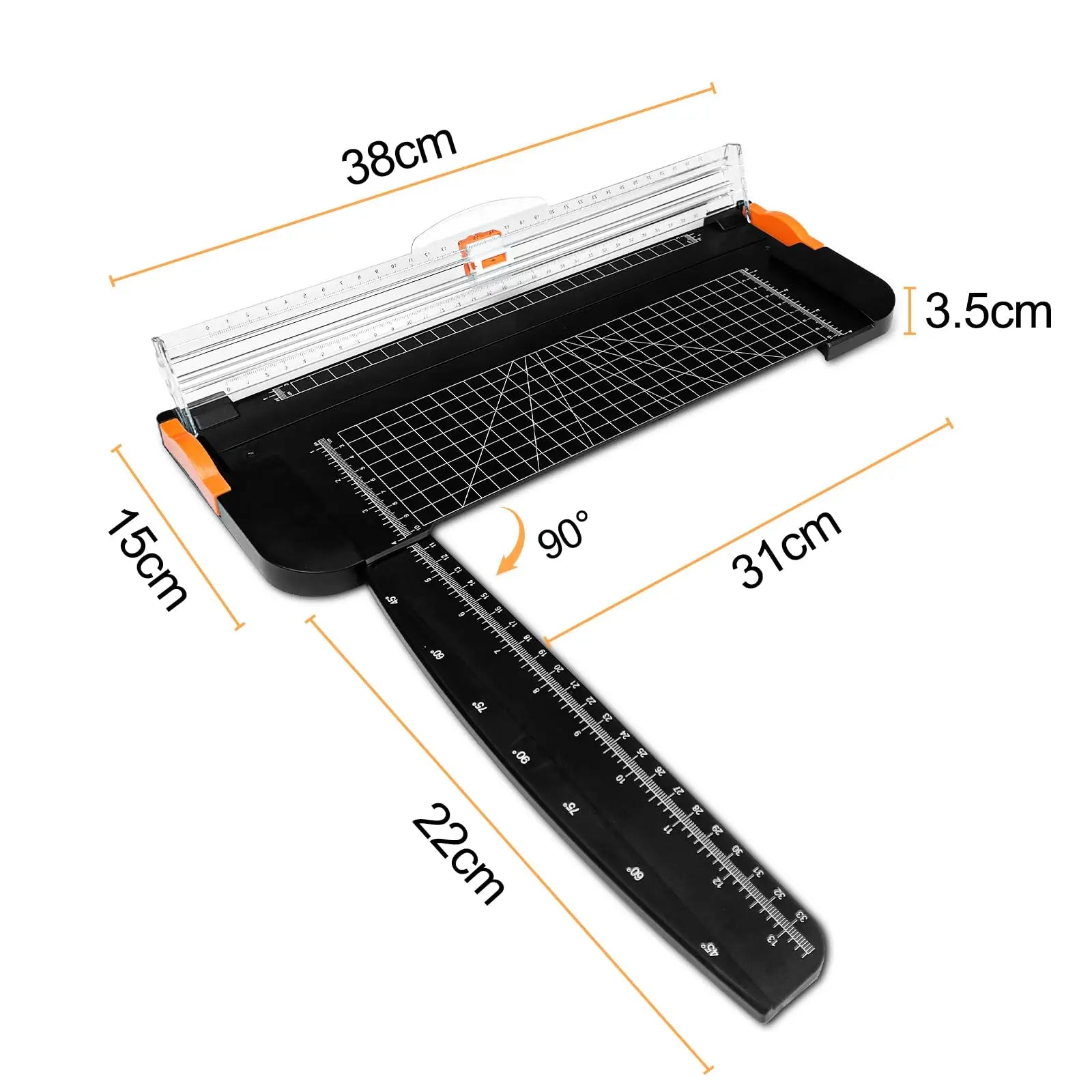 Black paper trimmer with clear cutting guide, measuring grid, and swing-out arm for precise angled cuts.