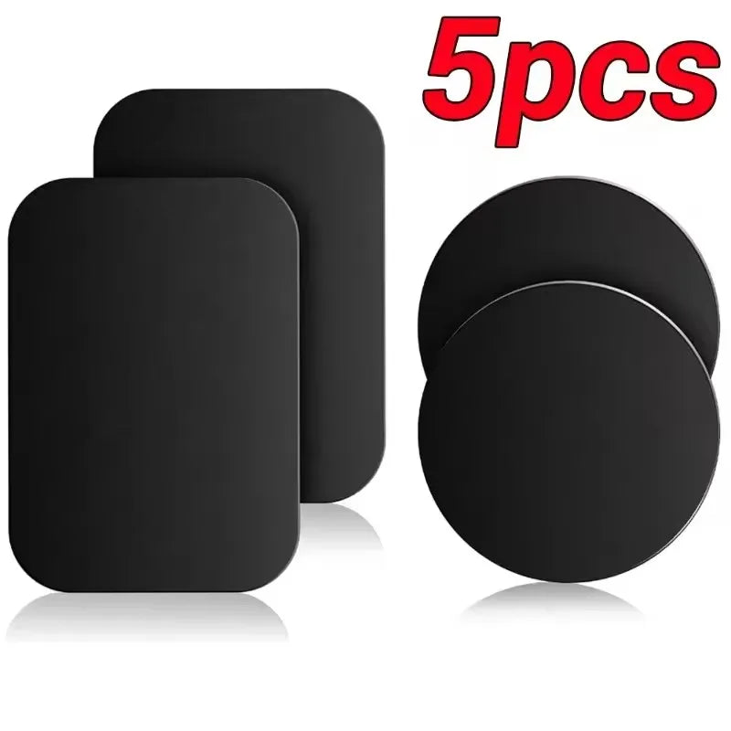 Set of 5 matte black adhesive metal plates in rectangular and circular shapes for magnetic phone mounts.