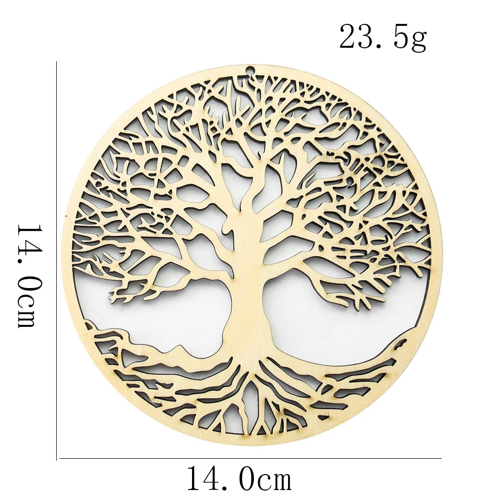 Round, light wood laser-cut Tree of Life wall hanging, 14cm diameter. Detailed, intricate branch and root design.
