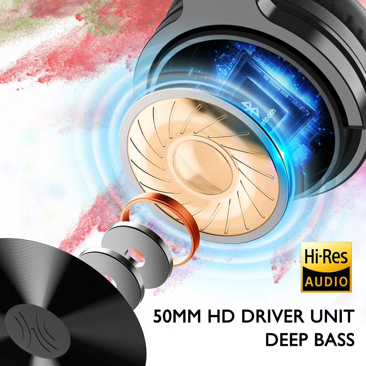 An exploded view of black wireless headphones highlighting the 50mm Hi-Res driver unit for deep bass performance.