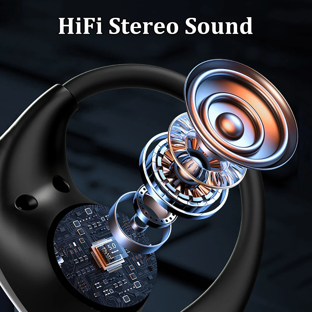 Exploded view of a black, ergonomic ear hook headphone showing internal speaker components and a circuit board.