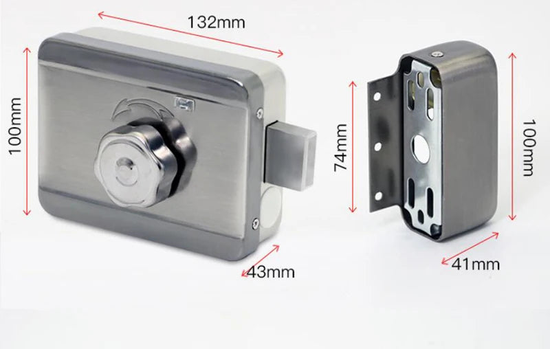 Silver stainless steel electric rim lock with manual knob, latch bolt, and mounting bracket, including dimensions.