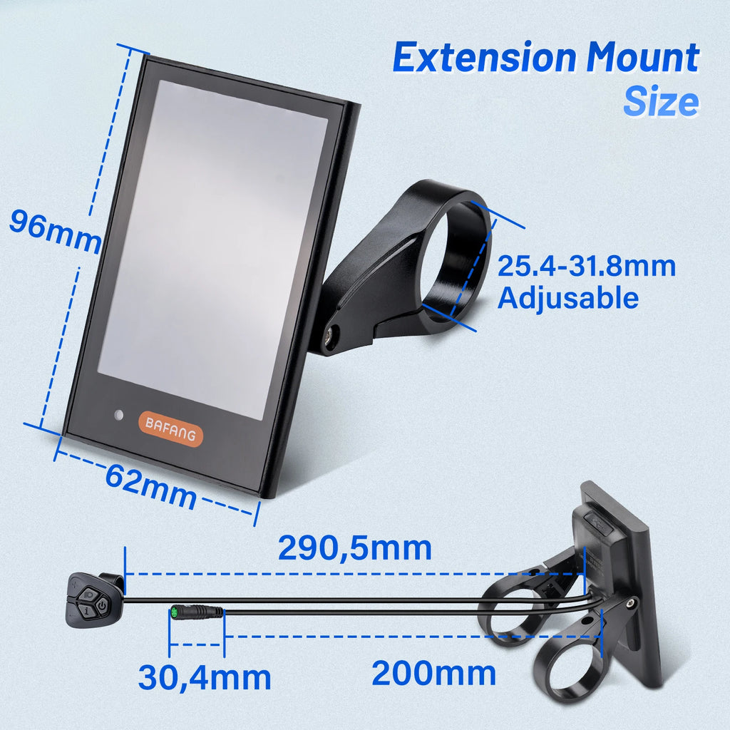 Black Bafang DPC18 e-bike display showing size dimensions, handlebar mount, and control pad with cables.