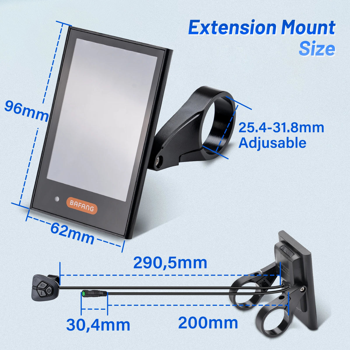 Black Bafang DPC18 e-bike display showing size dimensions, handlebar mount, and control pad with cables.