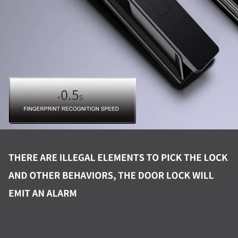 Black metal smart door lock with fingerprint scanner, <0.5s recognition speed, and anti-tamper alarm system.