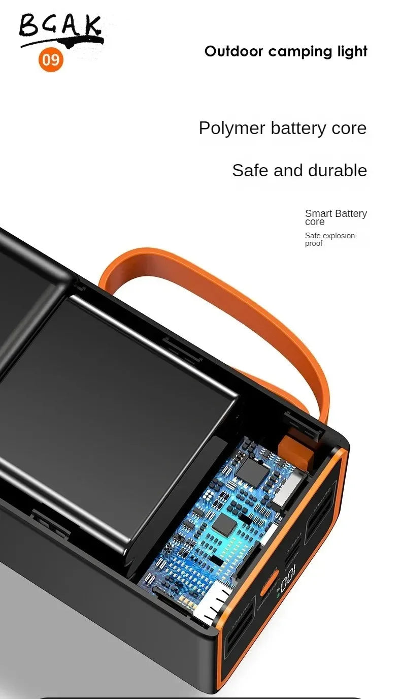 Black portable power bank with an orange strap, showing internal circuitry, USB ports, and a digital LED display.