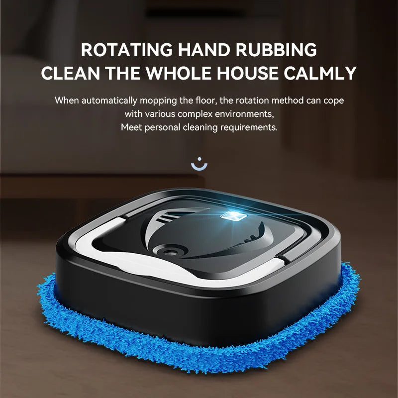 Black square robot vacuum with blue mopping pad and promotional text above.