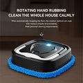 Black square robot vacuum with blue mopping pad and promotional text above.