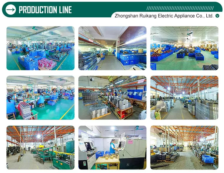 Nine images of a spacious appliance factory featuring assembly lines, workers, machines, and blue plastic crates.