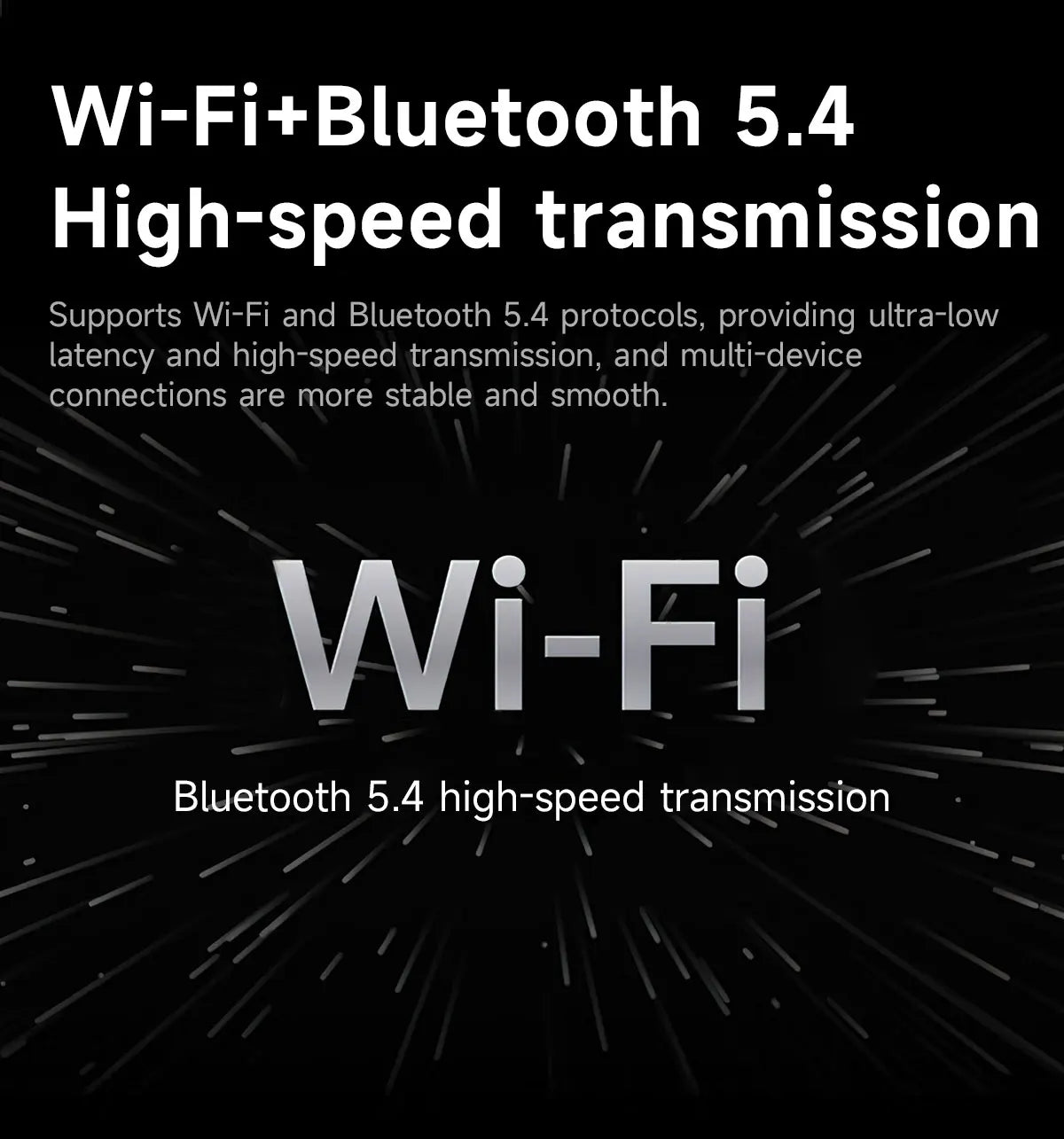 Text graphic promoting Wi-Fi and Bluetooth 5.4 high-speed connectivity for smart glasses.
