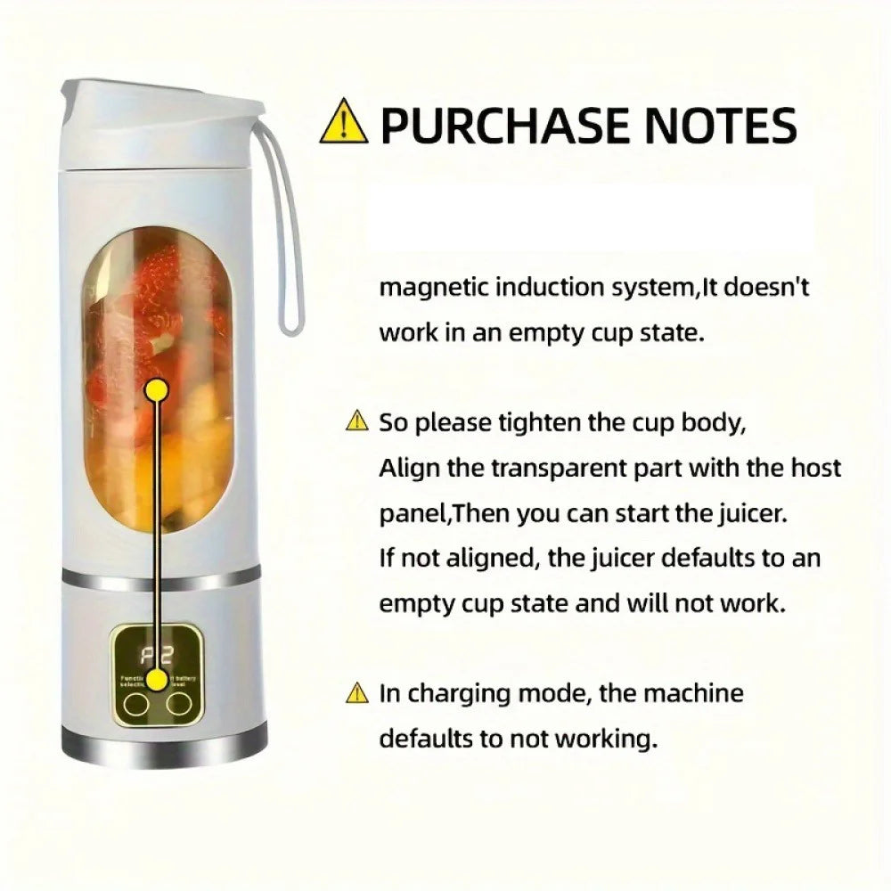 White portable electric juicer cup with a transparent center, carrying strap, and digital base display.