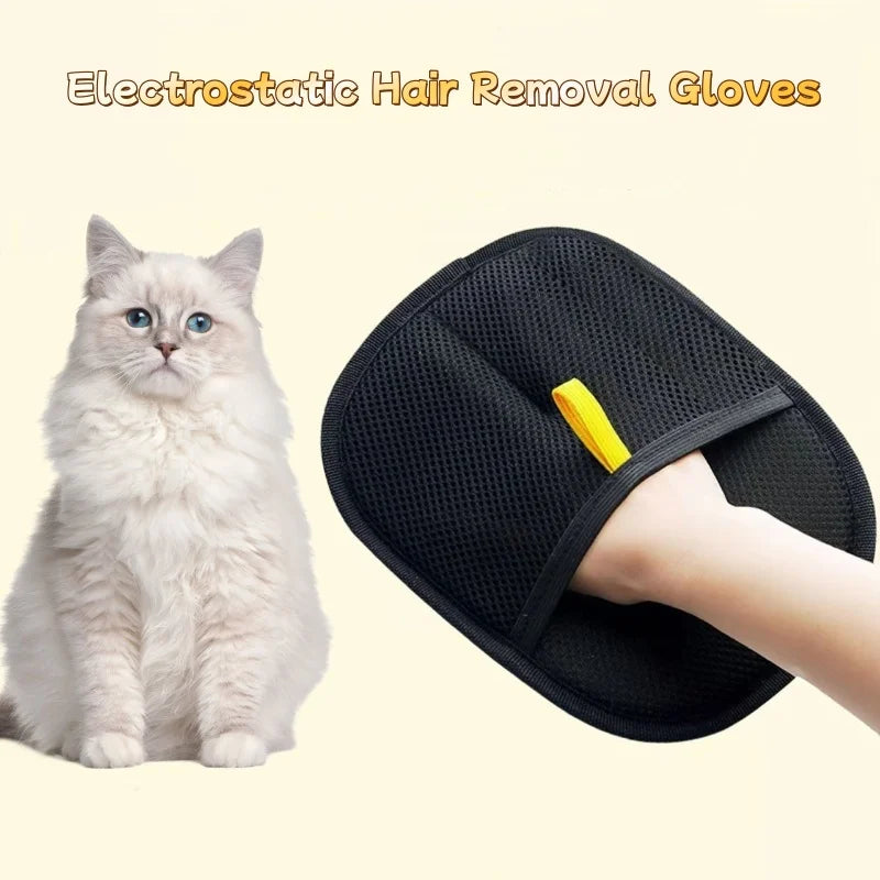 A hand wearing a black, mesh electrostatic hair removal mitt next to a fluffy white cat.