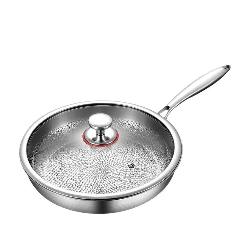 Stainless steel frying pan with lid, handle, and a textured, honeycomb-patterned interior surface.