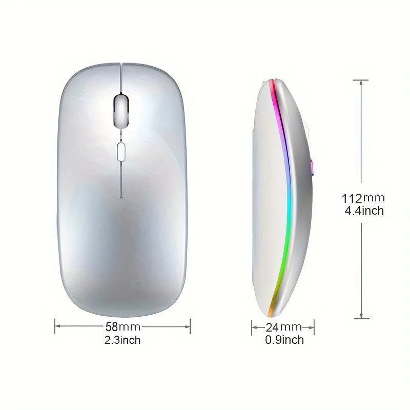 Slim, silver wireless mouse shown from above and side, featuring a sleek ergonomic design and vibrant RGB lighting.