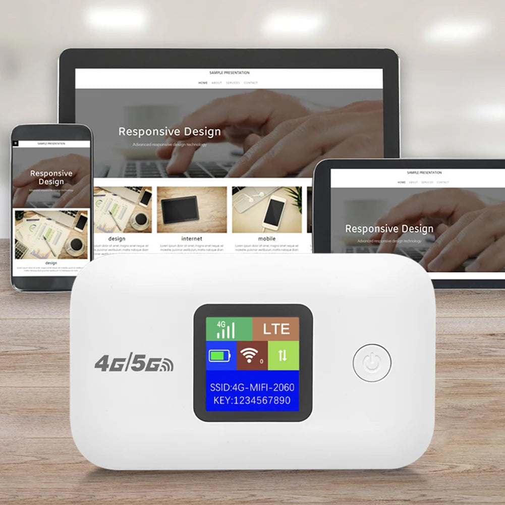 White portable 4G LTE Wi-Fi router with a clear colour status screen and power button, placed on a wooden desk.