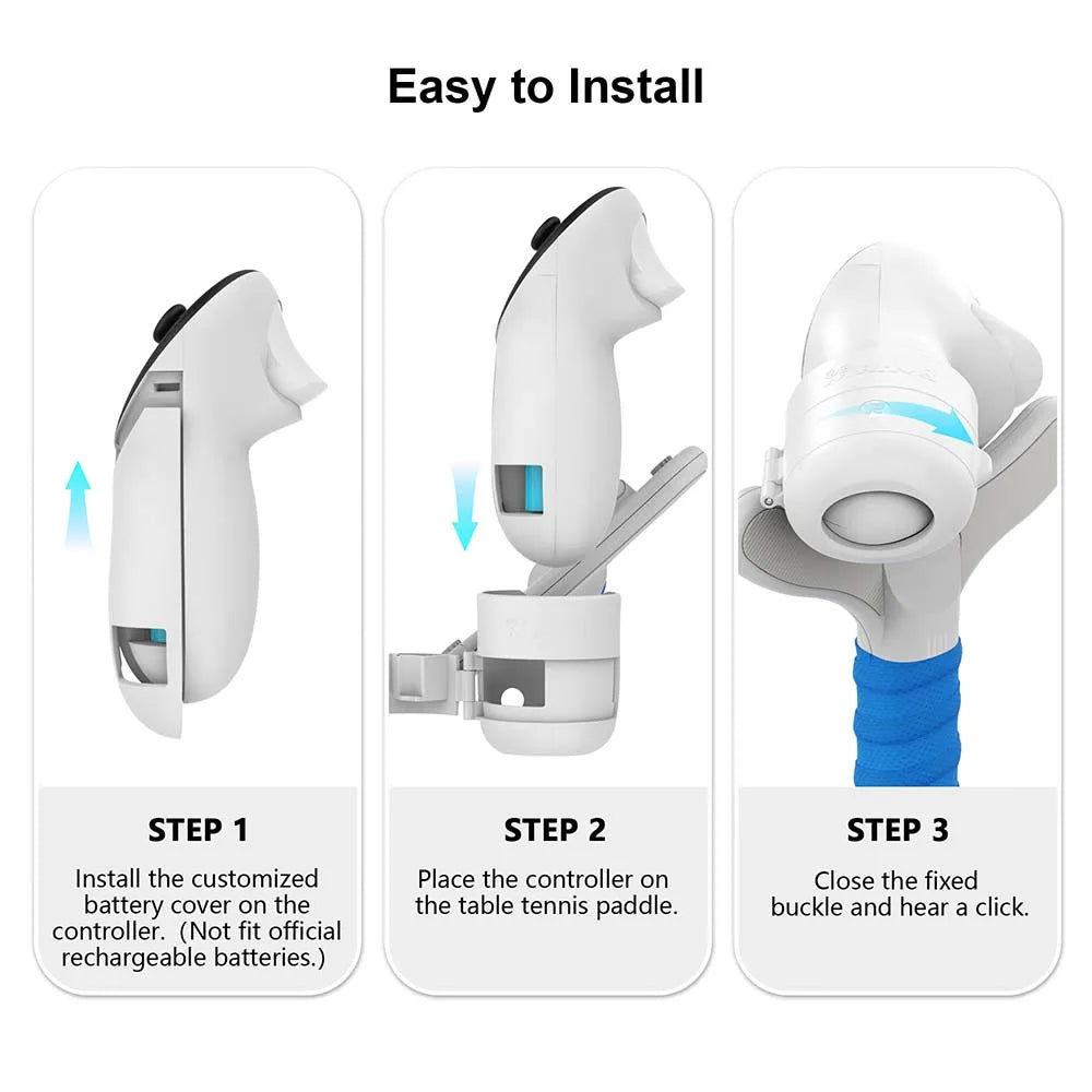Three-step installation guide for white AMVR table tennis paddle adapter for Quest 3 with blue grip.