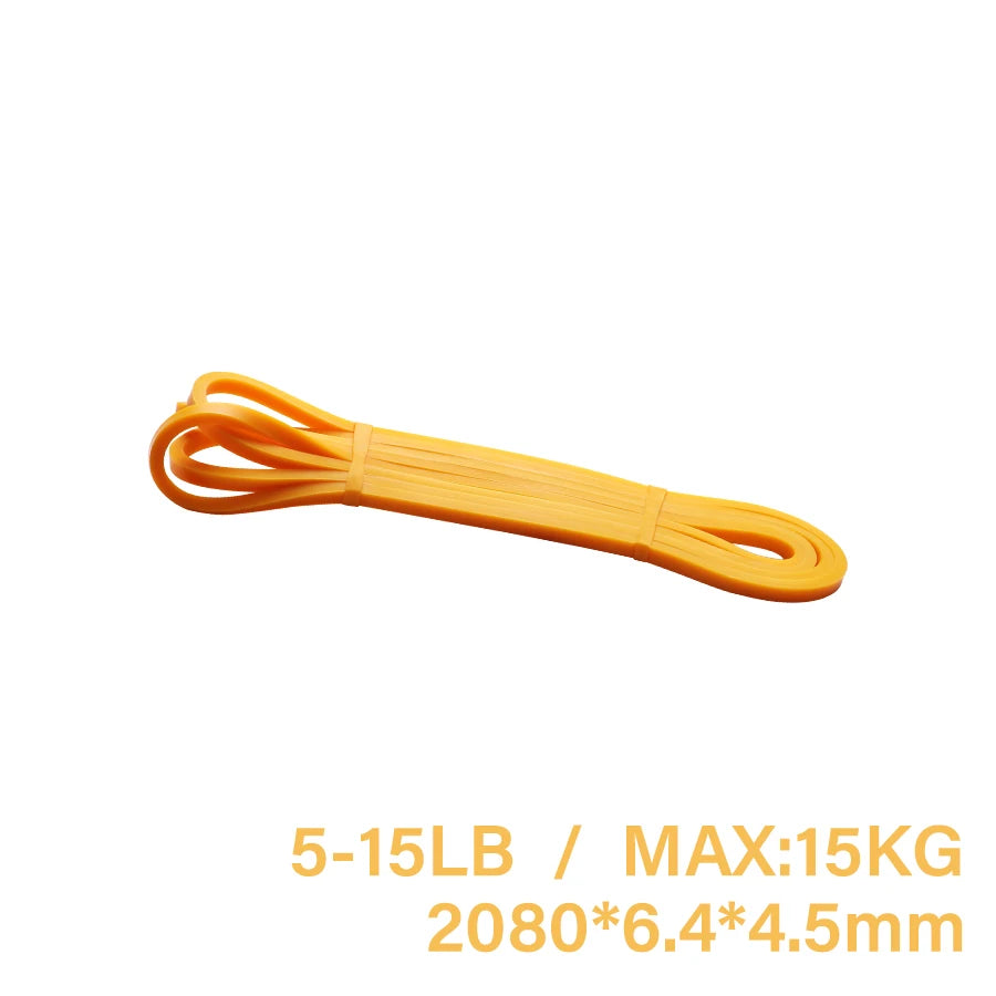 Yellow resistance band coiled on a white background, marked with 5-15lb resistance and dimensions.