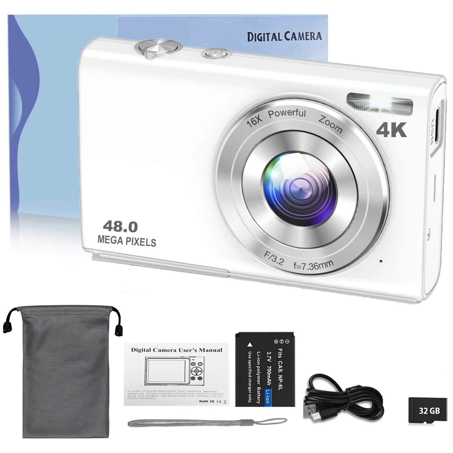 White 48MP 4K digital camera with 16x zoom, battery, USB cable, 32GB SD card, carry pouch, and manual.