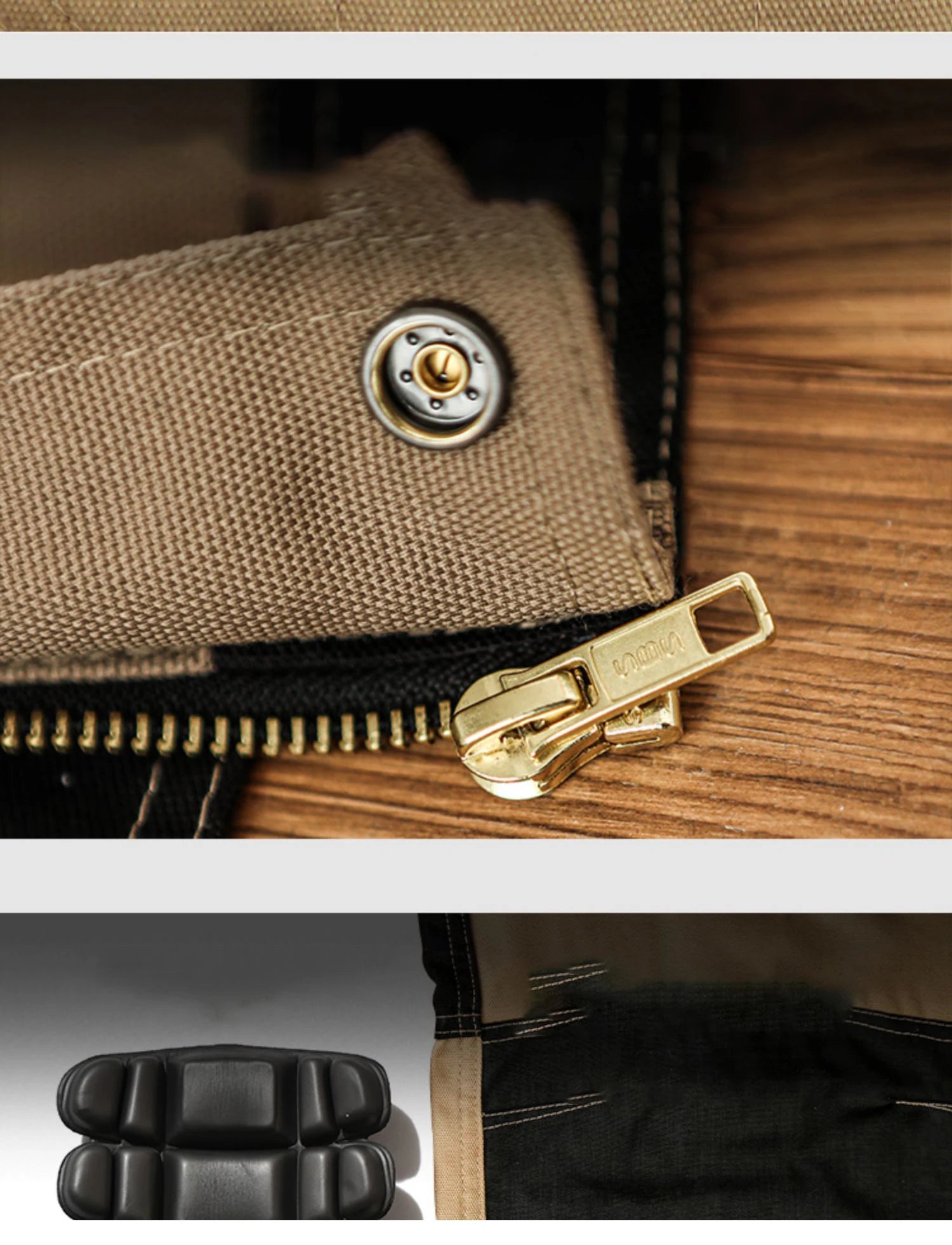 Close-up of beige cotton cargo trousers featuring a durable brass zip, metal press-stud, and reinforced black panels.