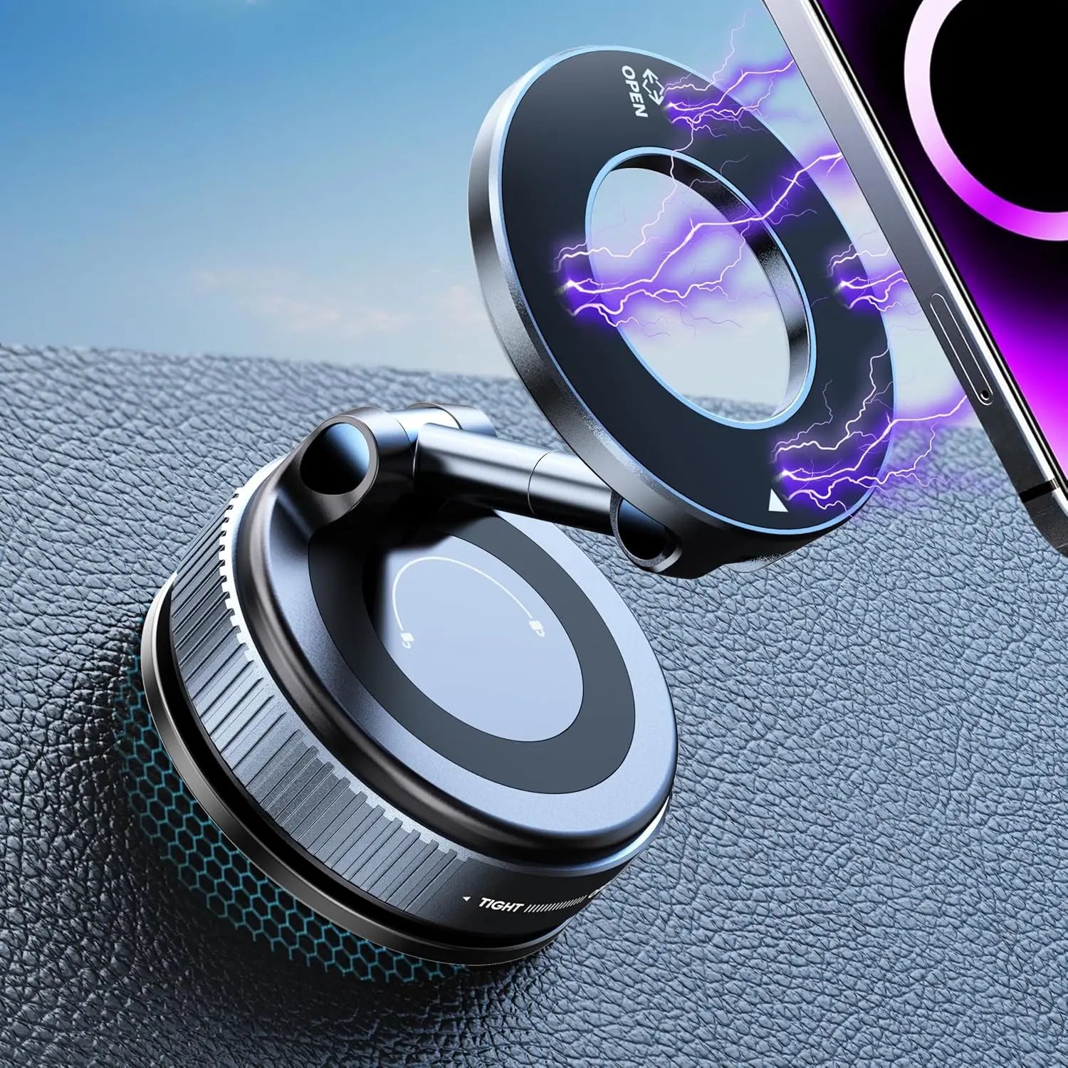 Modern metallic car phone mount in dark grey, featuring an adjustable arm, circular magnetic base, and purple effects.
