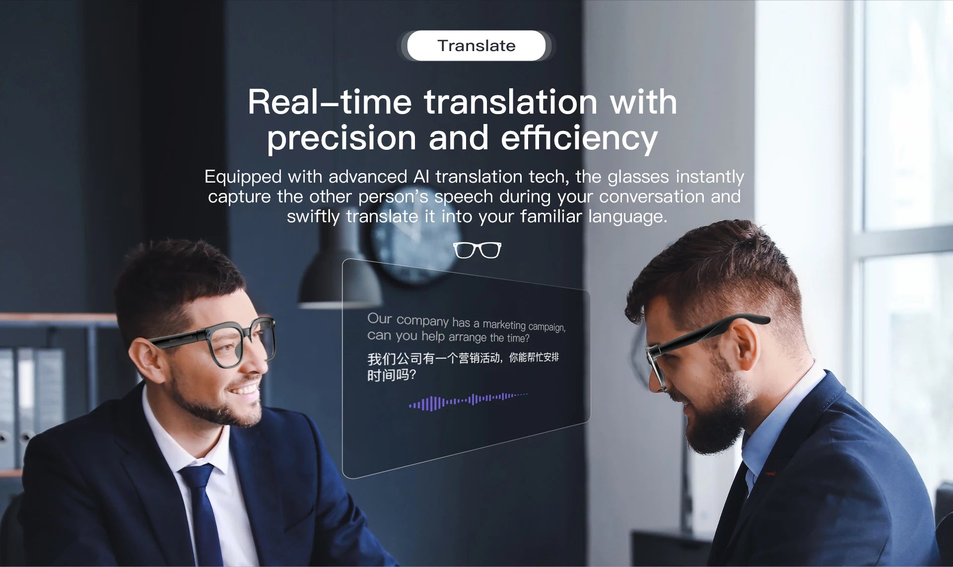 Two men in suits wearing stylish black smart glasses that display real-time translation text during a meeting.