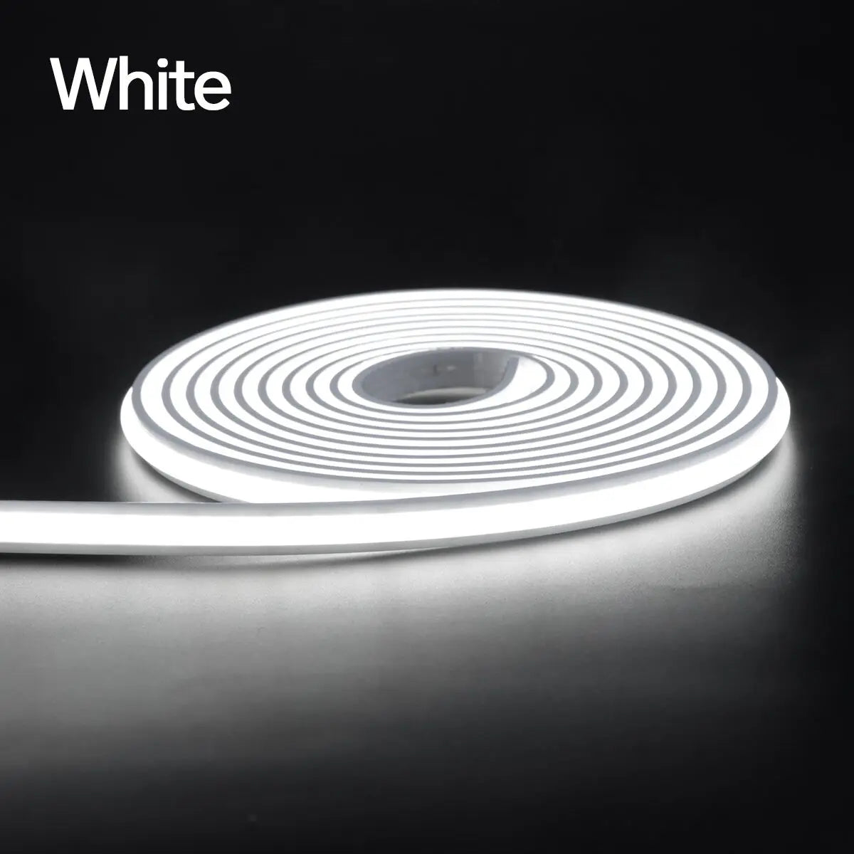 Coiled white smart LED neon strip light on a dark background, offering app and voice-controlled lighting.