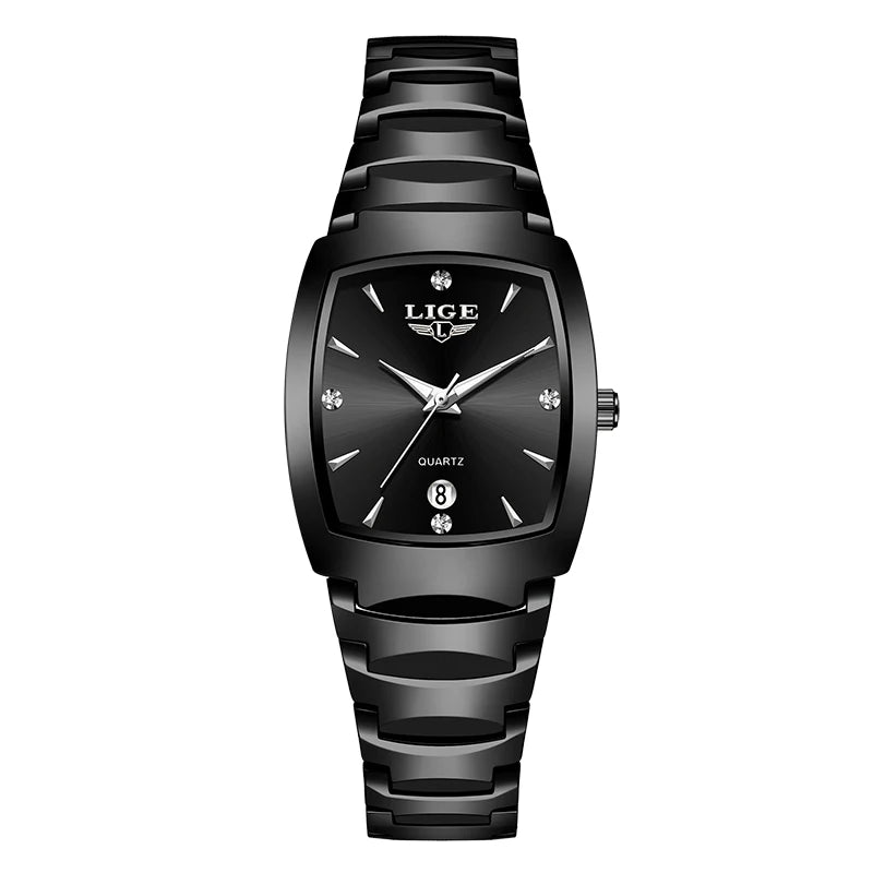 Elegant ladies' black stainless steel quartz watch with crystal indices and a date window.