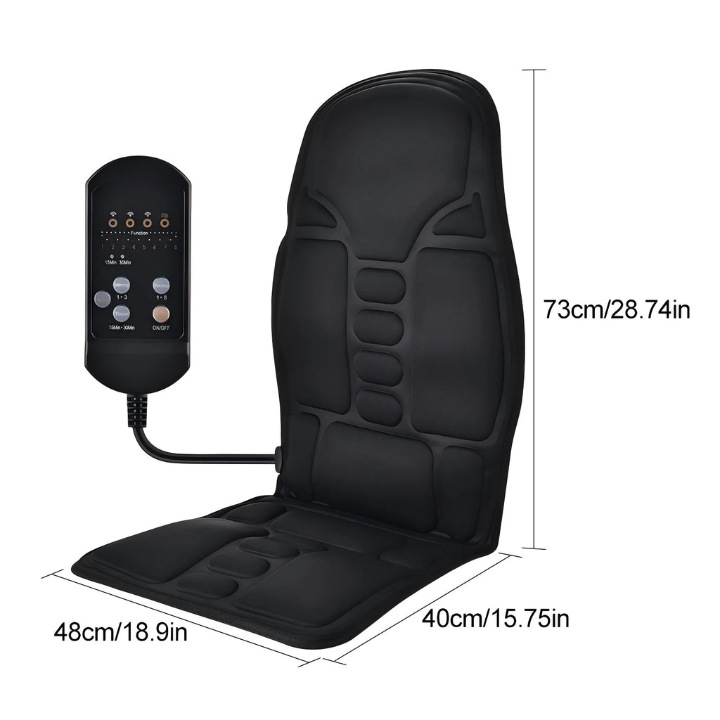Black multifunctional heated massage cushion with wired remote control, showing dimensions for home or car use.