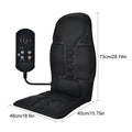 Black multifunctional heated massage cushion with wired remote control, showing dimensions for home or car use.