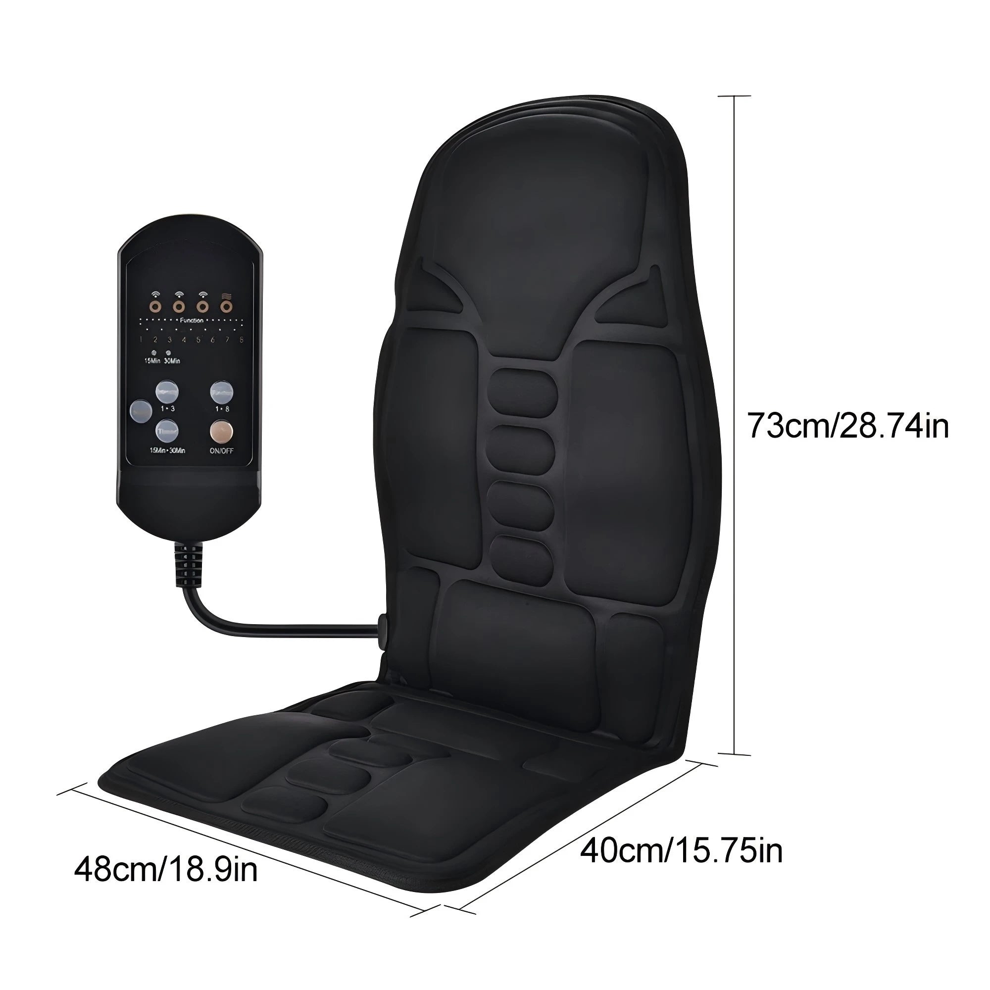Black multifunctional heated massage cushion with wired remote control, showing dimensions for home or car use.