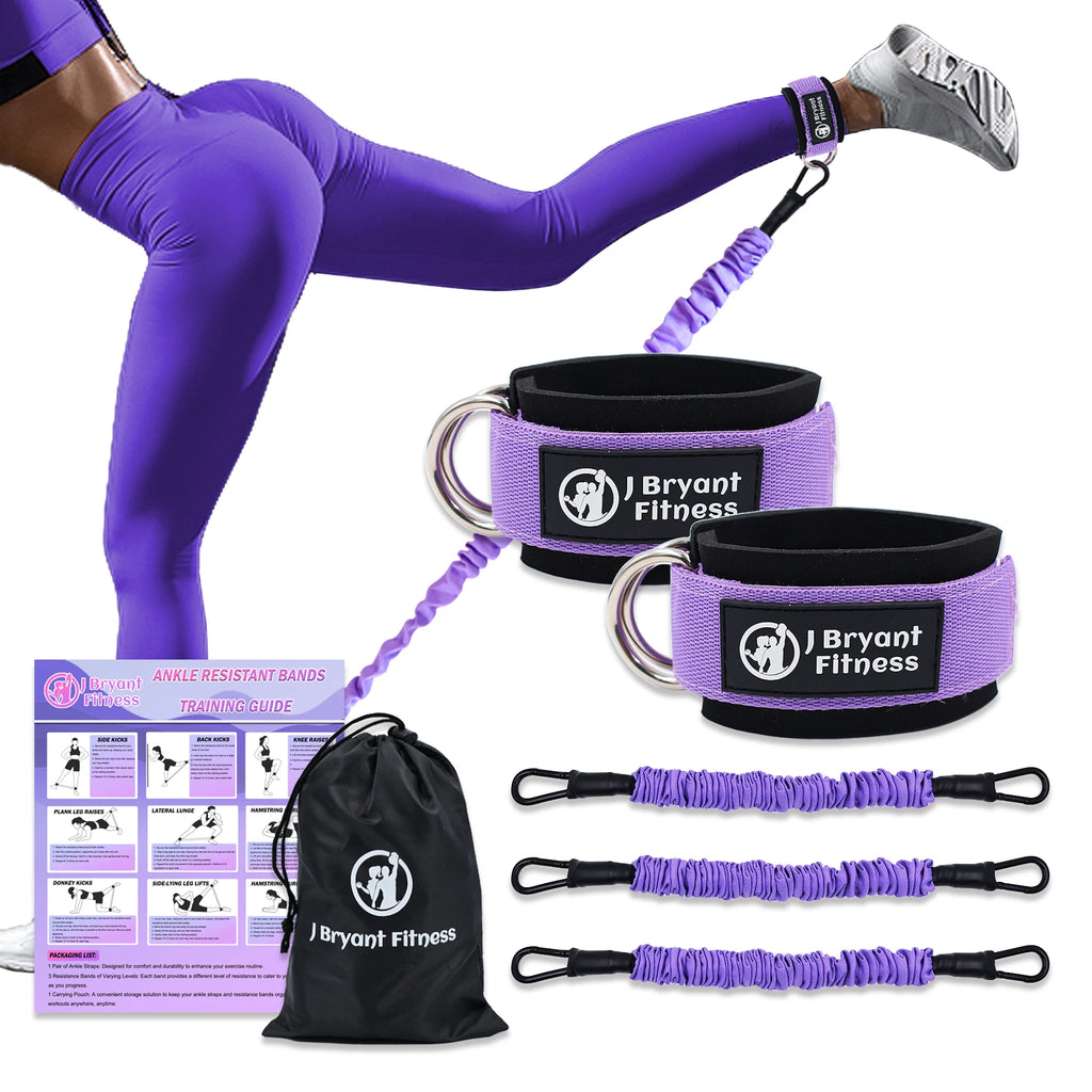 Purple ankle resistance bands with padded cuffs, three resistance tubes, a training guide, and a black storage bag.