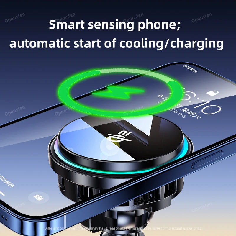 A magnetic smartphone cooling and wireless charging mount with a circular black design and glowing green indicator.