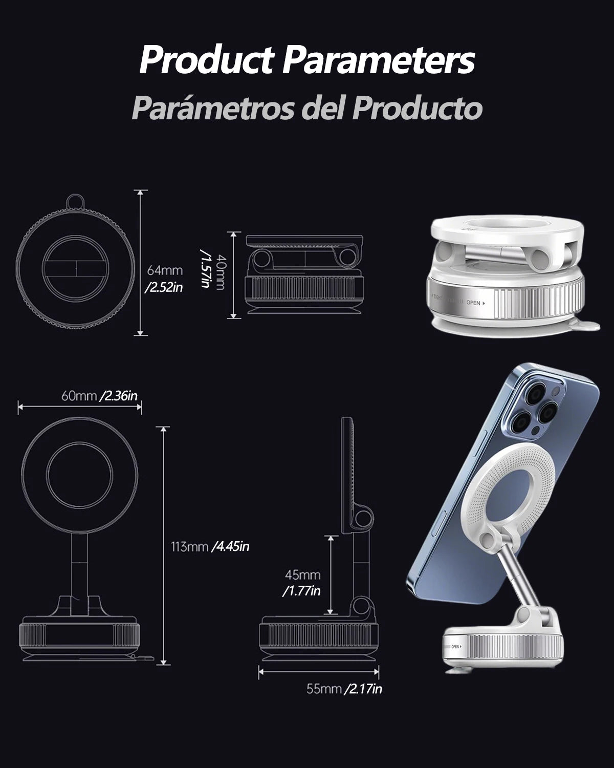 White magnetic folding phone stand with a circular base and adjustable arm, shown in technical diagrams and in use.
