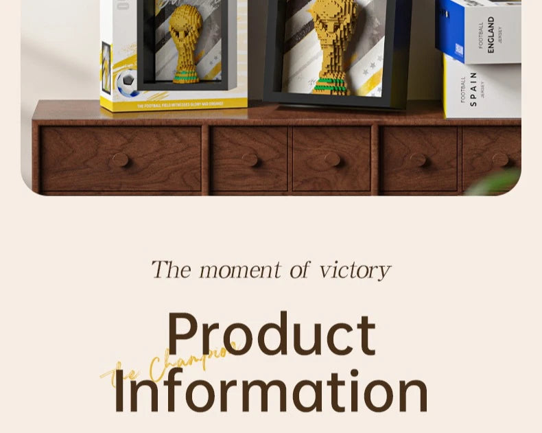 Gold-coloured block-built football trophy in a black display frame, showcased on a dark wooden cabinet.
