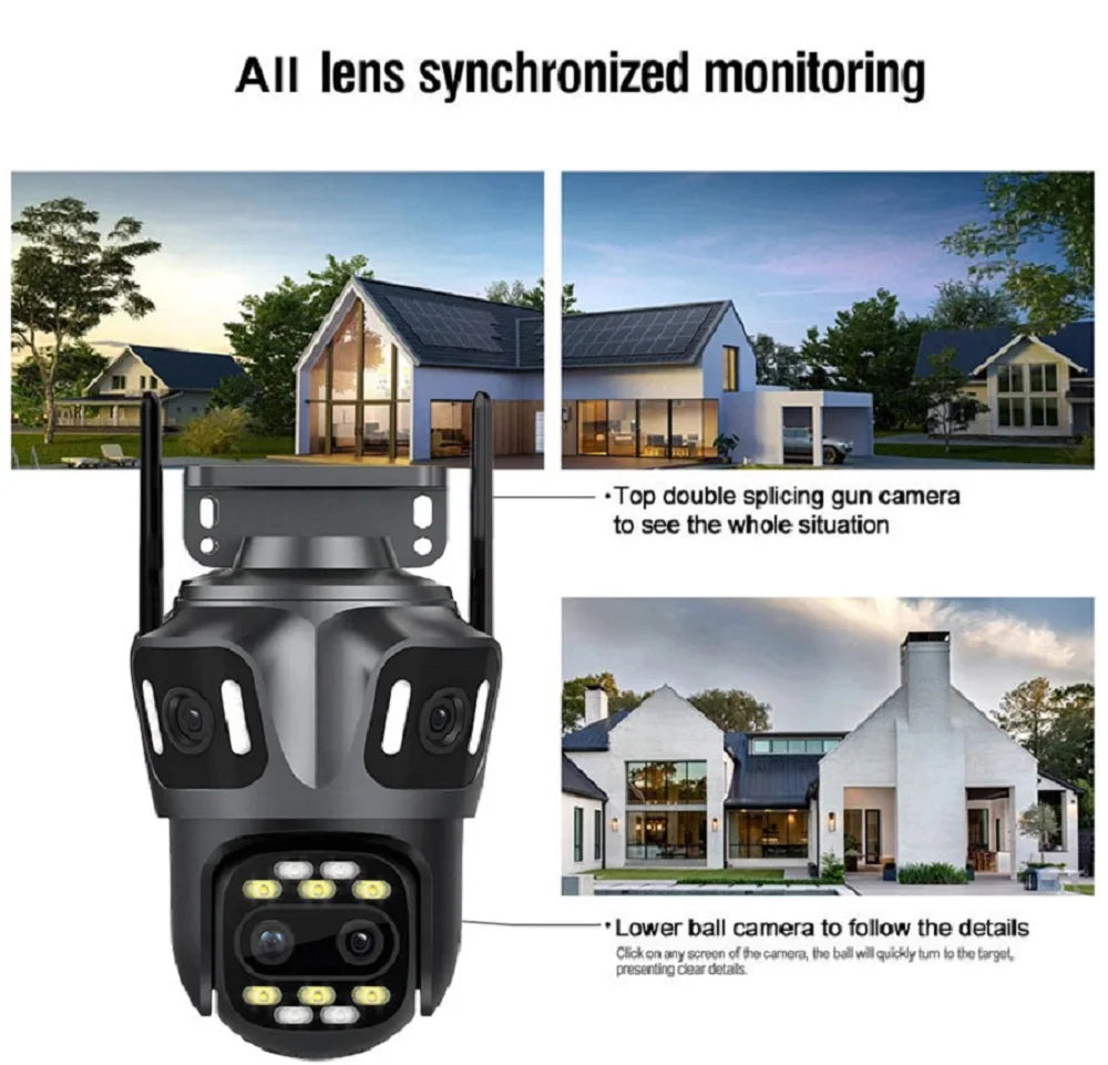 Grey 16MP quad-lens outdoor security camera with dual-camera system for wide-angle and detailed monitoring.