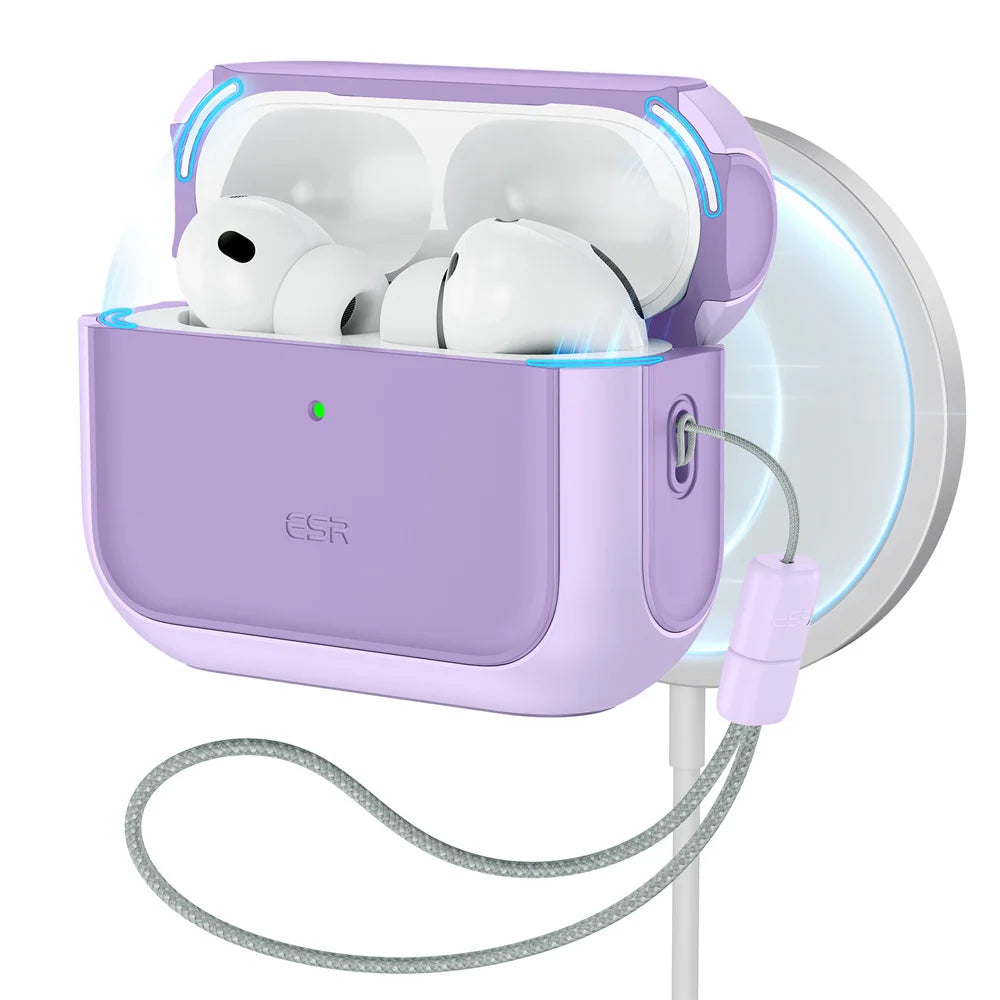 Lavender purple ESR protective case for AirPods Pro on a wireless charger, featuring a matching lanyard.