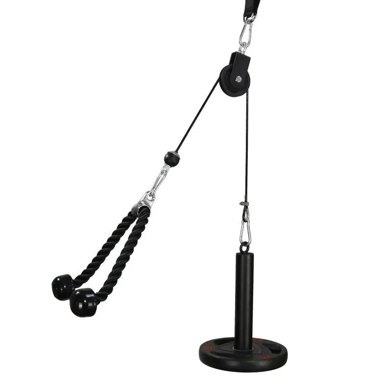 Black fitness pulley system with a rope handle on the left and weight pin on the right against white background.