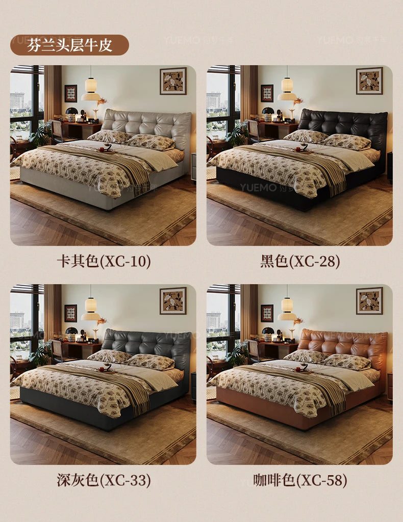 Modern Nordic double beds in grey, black, dark grey, and brown leather with tufted headboards in a stylish bedroom.