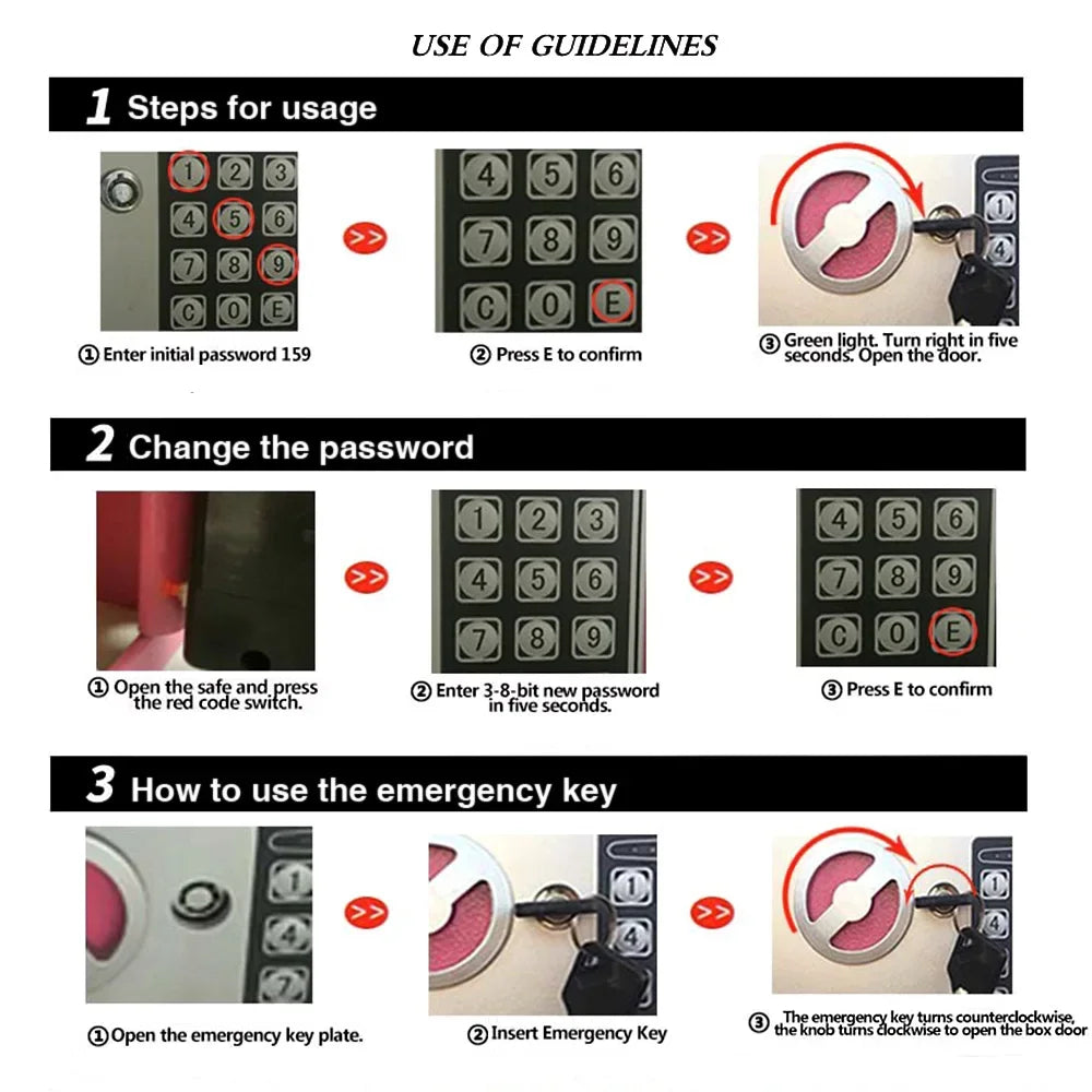 Instructional graphic for a black metal safe with a numeric keypad, showing how to set, change, and open with a key.